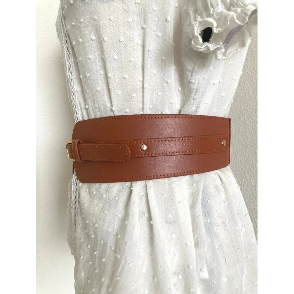 Corset Faux Leather Brown Wide Waist Belt Western Thick Stretch Gold Buckle